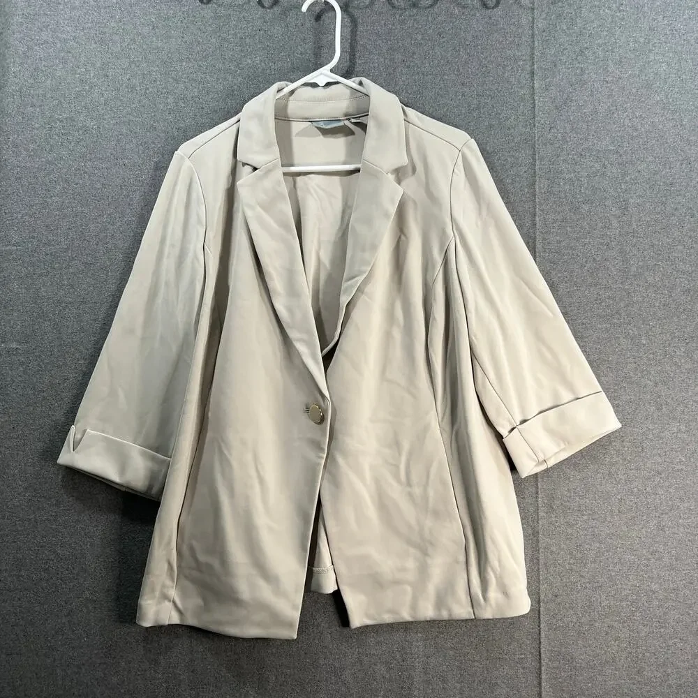 GRAVER Susan Graver LK Fusion 3/4 Slv Cutaway Hem Blazer Sandstone, Size 1X